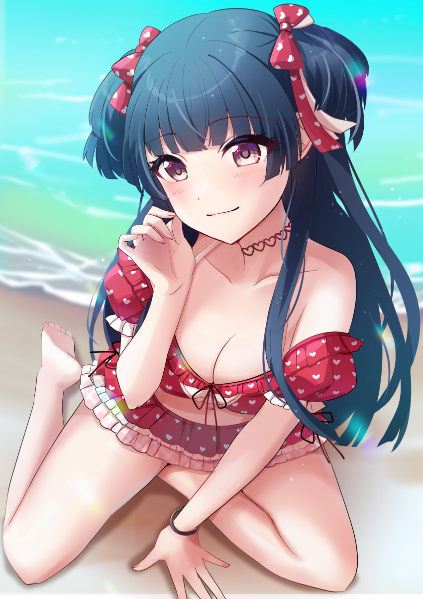 1girl absurdres arm_support bare_shoulders barefoot beach bikini black_bracelet black_hair blunt_bangs blush bow breasts brown_eyes choker cleavage closed_mouth collarbone dot_nose frilled_bikini frills from_above hair_bow hair_ribbon hand_up heart heart_choker heart_print highres idolmaster idolmaster_shiny_colors long_hair looking_at_viewer mayuzumi_fuyuko medium_breasts ocean print_bikini print_ribbon red_bikini red_ribbon ribbon sakura_ran smile soles solo swimsuit two_side_up