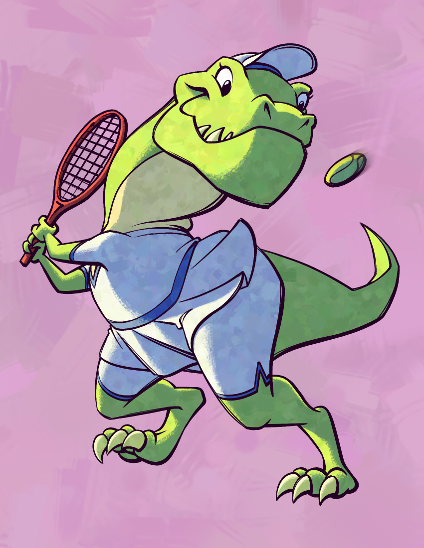 anthro ball biped cc-by-nc-nd claws clothed clothing countershade_neck countershading creative_commons davidburt dinosaur female green_body hat headgear headwear hi_res holding_tennis_racket reptile scalie solo tail tennis_ball tennis_racket theropod tyrannosaurid tyrannosaurus tyrannosaurus_rex
