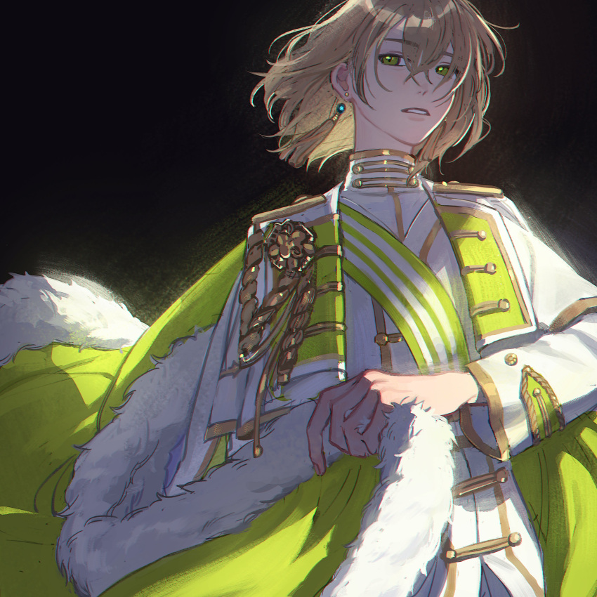 1boy absurdres aiguillette black_background brown_hair cape coke_6 earrings floating_cape floating_hair formal fur-trimmed_cape fur_trim green_cape green_eyes hair_between_eyes highres jacket jewelry light_brown_hair long_sleeves looking_at_viewer mahoutsukai_no_yakusoku male_focus open_clothes open_jacket parted_lips rutile_flores sash short_hair shoulder_sash simple_background solo tassel tassel_earrings toggles upper_body white_jacket