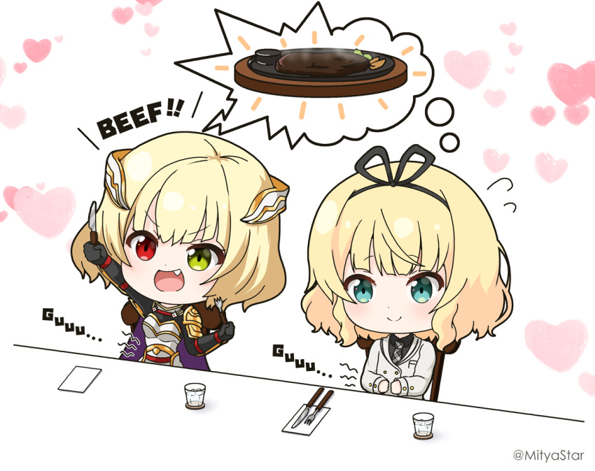 2girls :d armor black_gloves black_ribbon black_shirt blazer blonde_hair blue_eyes blush breastplate charlotte_(shironeko_project) chibi closed_mouth collared_shirt commentary_request cup drinking_glass english_text fang flying_sweatdrops food fork gloves gochuumon_wa_usagi_desu_ka? good_meat_day green_eyes grey_jacket hair_ribbon heart heart_background heterochromia holding holding_fork holding_knife hungry jacket kirima_syaro knife meat mitya multiple_girls necktie on_chair outstretched_arm plaid_necktie red_eyes revision ribbon school_uniform shironeko_project shirt simple_background sitting smile stomach_growling table twitter_username uchida_maaya v-shaped_eyebrows voice_actor_connection water white_background