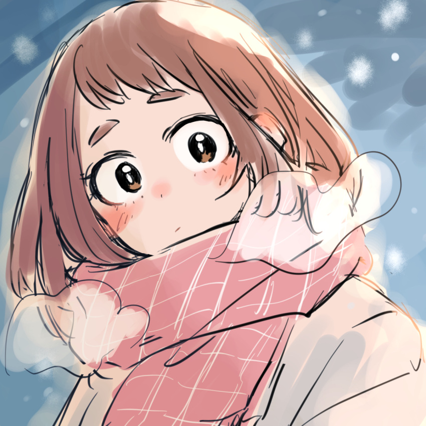 1girl bands blush boku_no_hero_academia brown_eyes brown_hair highres looking_at_viewer red_scarf scarf short_hair sidelocks sketch solo tabetai_omochi uraraka_ochako winter winter_clothes