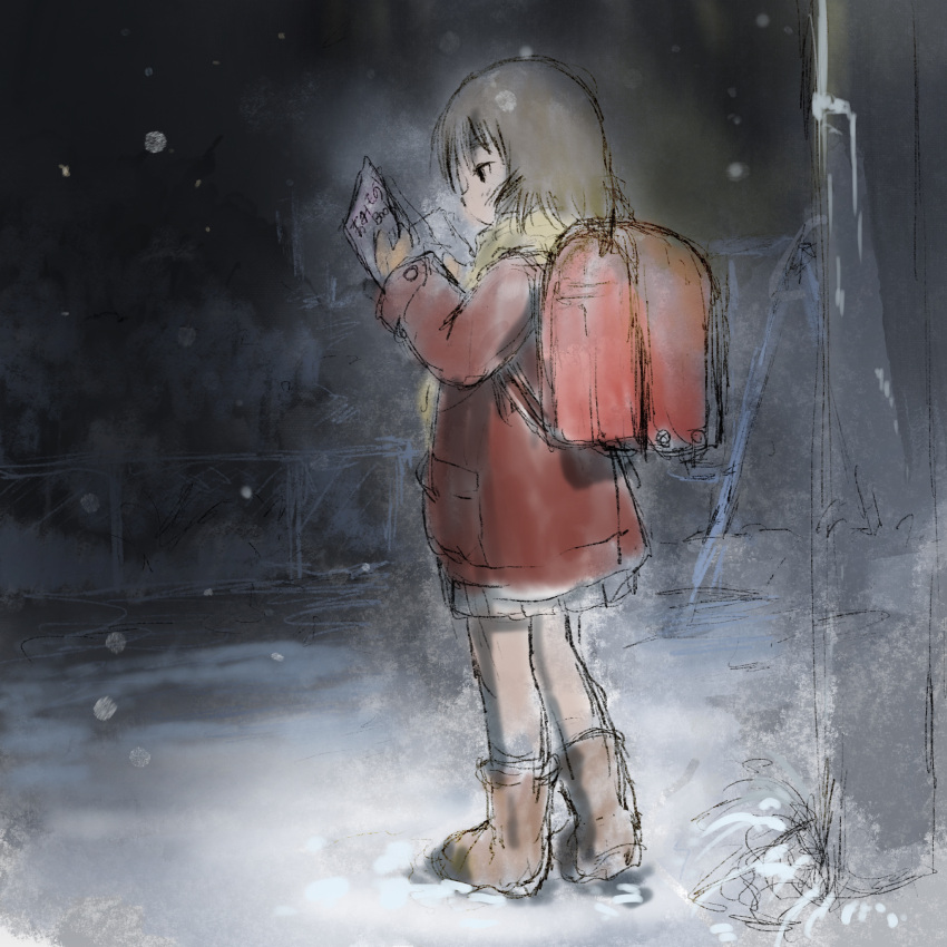1girl backpack bag boku_dake_ga_inai_machi book boots brown_footwear brown_hair chain-link_fence coat dark facing_away fence from_behind from_side full_body grey_skirt guma heel_up highres hinazuki_kayo holding holding_book knee_boots long_sleeves looking_at_object night outdoors park playground pleated_skirt randoseru reading red_bag red_coat scarf short_hair sketch skirt snow snowflakes snowing solo standing swing_set tree winter winter_clothes winter_coat yellow_scarf