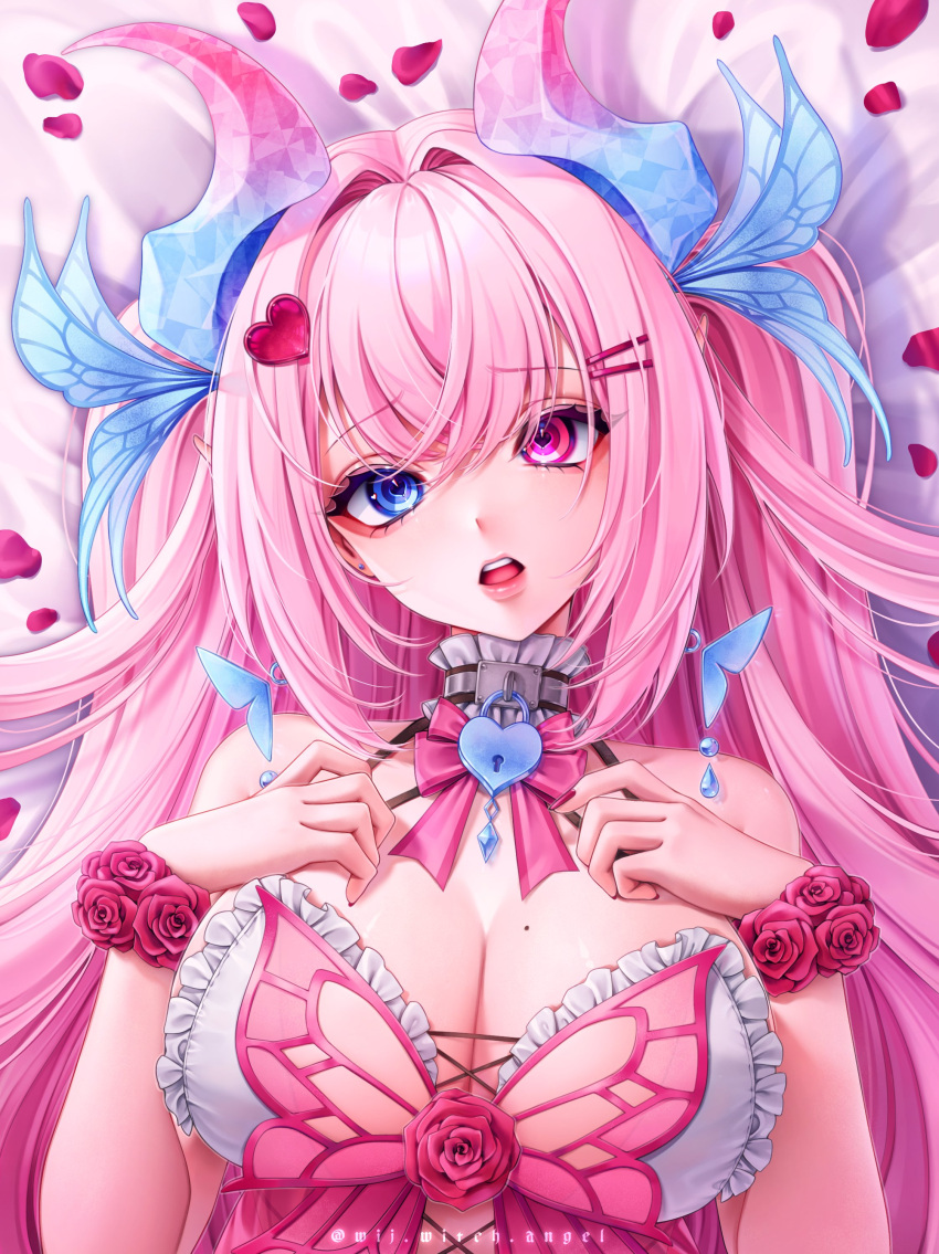 1girl absurdres blue_eyes blue_horns breasts butterfly_hair_ornament canaria_(vtuber) cleavage collar demon_girl demon_horns earrings flower gradient_horns hair_ornament hairclip hands_on_own_chest heart heart-shaped_lock heart-shaped_pupils heterochromia highres horns indie_virtual_youtuber jewelry large_breasts metal_collar mole mole_on_breast multicolored_horns open_mouth pink_eyes pink_flower pink_hair pink_horns pink_petals pink_rose pointy_ears rose second-party_source solo symbol-shaped_pupils teeth twitter_username upper_body upper_teeth_only virtual_youtuber wijwitchangel