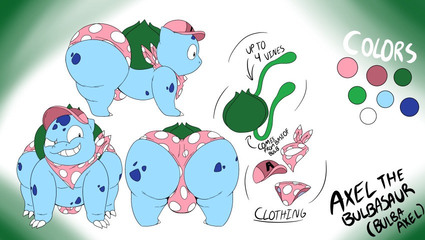 absurd_res axel_the_bulbasur balls bandanna big_butt bulbasaur bulge butt clothing detailed_bulge feral front_view generation_1_pokemon genitals hat headgear headwear hi_res kerchief male model_sheet nintendo panties pink_clothing pink_panties pink_underwear plant pokemon pokemon_(species) polka_dot_panties rear_view side_view solo tepigfan101 underwear vines