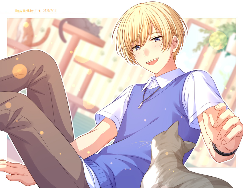 1boy blonde_hair blue_sweater blurry blurry_background blush bracelet brown_pants cat collared_shirt commentary_request dated feet_out_of_frame grey_eyes happy happy_birthday highres jewelry looking_down male_focus necklace on_air! open_mouth pants sekina shirayuki_rei_(on_air!) shirt short_hair smile solo sweater sweater_vest white_shirt window