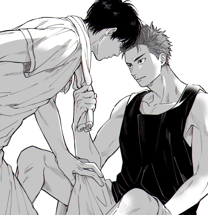 2boys 2red_1 clothes_grab eye_contact feet_out_of_frame forehead-to-forehead greyscale heads_together highres imminent_kiss leaning_forward looking_at_another male_focus monochrome multiple_boys parted_lips rukawa_kaede sakuragi_hanamichi short_hair simple_background sitting slam_dunk_(series) tank_top white_background yaoi