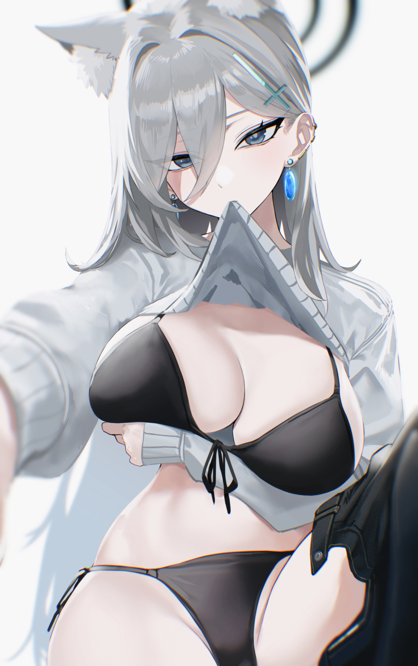 1girl absurdres animal_ears bikini black_bikini blue_archive blue_eyes breasts clothes_lift cross_hair_ornament dark_halo earrings extra_ears grey_hair grey_sweater hair_ornament halo highres jewelry kazane-wind large_breasts lifted_by_self long_hair long_sleeves looking_at_viewer mouth_hold shiroko_(blue_archive) shiroko_terror_(blue_archive) solo sweater sweater_lift swimsuit wolf_ears