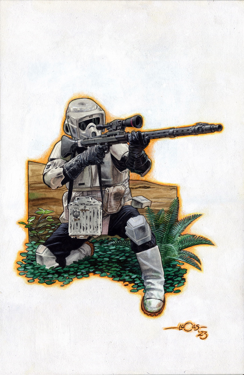 1boy artist_name black_gloves boots fern full_body gloves gun helmet highres holding holding_gun holding_weapon lucasmarangon on_one_knee painting_(medium) plant rifle scout_trooper simple_background solo star_wars traditional_media watercolor_(medium) weapon white_background white_footwear