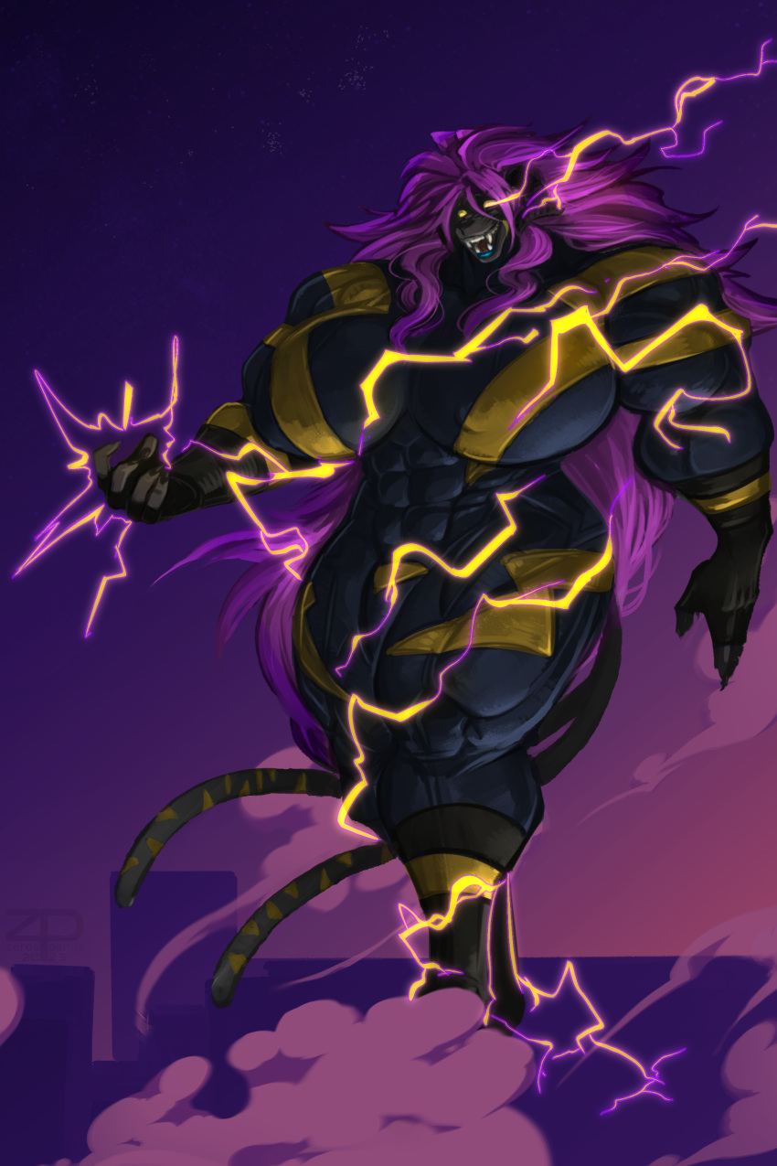 2:3 2_tails abs absurd_res anthro big_breasts big_muscles black_body black_fur breasts bulge electricity electricity_manipulation elemental_manipulation evil_face evil_grin evil_look felid feline fur glowing glowing_eyes gold_stripes gynomorph hair hi_res huge_breasts huge_muscle huge_muscles hyper hyper_muscles intersex lightning long_hair mammal multi_tail muscular muscular_anthro muscular_gynomorph muscular_intersex pantherine pink_hair sharp_teeth shina_(intresszero) smile solo spandex_clothing spandex_suit supervillain supervillain_costume tail teeth tiger zerospanda