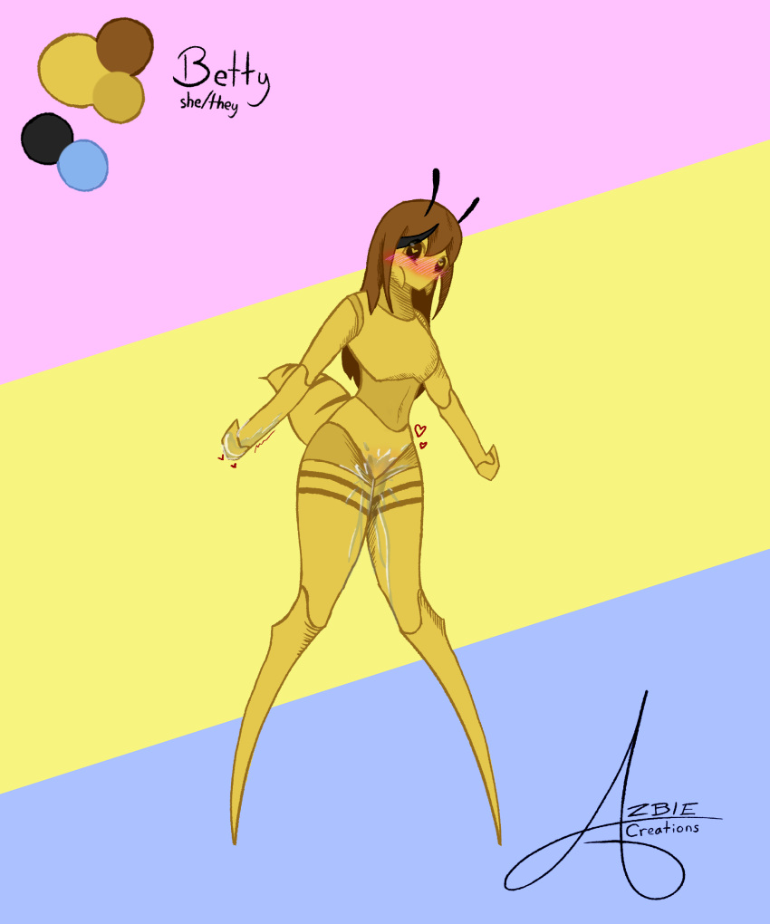&lt;3 absurd_res antennae_(anatomy) anthro aroused arthropod arthropod_abdomen azbie_creations bee betty_(azbie_creations) blush blush_lines bodily_fluids cute_expression cute_eyes digital_media_(artwork) fangs female fingering genital_fluids hair hi_res honey_bee hymenopteran insect nude simple_background solo teeth text vaginal_fluids wet wet_hands wet_thighs yellow_body