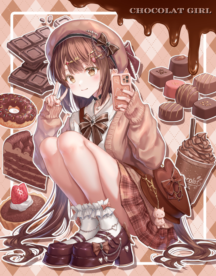 1girl ass beret black_choker blush brown_eyes brown_footwear brown_hair brown_headwear brown_jacket brown_nails brown_skirt cellphone chocolate choker closed_mouth doughnut fingernails food fruit full_body hat highres hirokazu_(analysis-depth) holding holding_phone jacket light_smile long_sleeves nail_polish open_clothes open_jacket original phone plaid plaid_skirt pleated_skirt shirt shoes short_hair skirt smartphone socks solo squatting strawberry v white_shirt white_socks