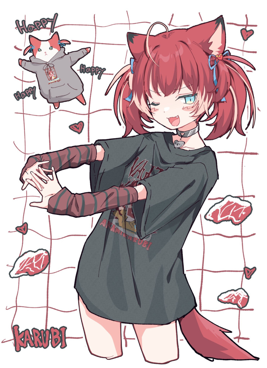 1girl ;d ahoge akami_karubi alternate_costume animal_ears animalization arm_warmers black_shirt blue_eyes cat_ears cat_girl character_name collar colored_tips commentary_request cowboy_shot cropped_legs fangs grey_collar hair_ribbon happy_happy_happy_cat_(meme) heart_collar highres indie_virtual_youtuber looking_at_viewer meme multicolored_hair multiple_views no_pants one_eye_closed open_mouth outstretched_arms own_hands_together raw_meat red_hair ribbon sentouryoku_5 shirt smile standing stretching t-shirt tail twintails virtual_youtuber