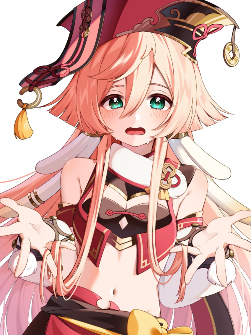 1girl antlers bare_shoulders black_bra blush bow bow_skirt bra breasts cleavage coin_hat_ornament crop_top detached_sleeves dutch_angle genshin_impact green_eyes hair_between_eyes hands_in_own_hair hands_up highres horns long_hair long_sleeves looking_at_viewer midriff navel open_mouth pink_hair pom_pom_(clothes) red_headwear small_breasts solo sweat tofu_(0tohuuuu) underwear upper_body wavy_mouth white_background white_sleeves yanfei_(genshin_impact) yellow_bow
