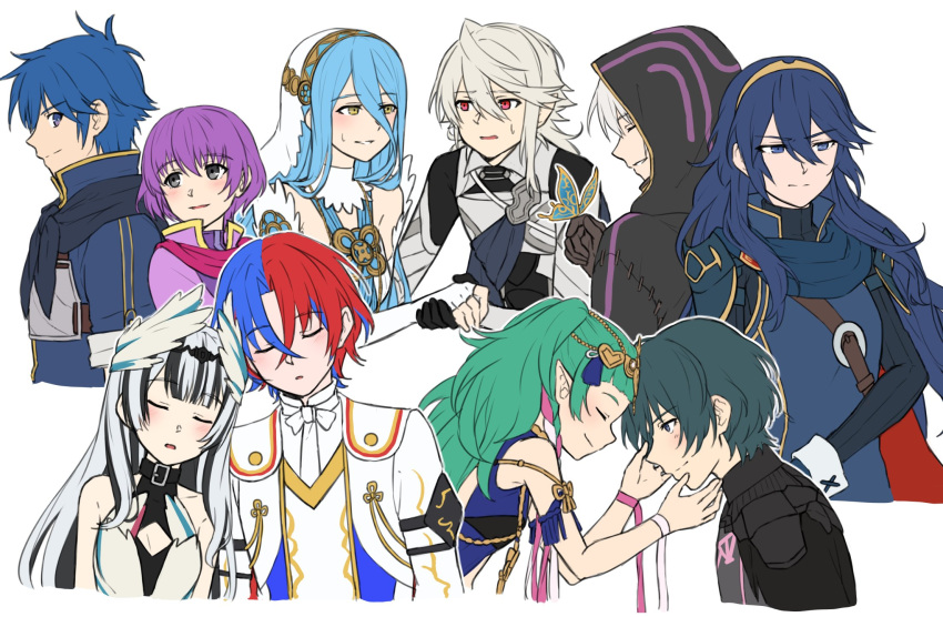 5boys 5girls alear_(fire_emblem) alear_(male)_(fire_emblem) armor azura_(fire_emblem) back-to-back black_coat black_hair blue_eyes blue_hair bug butterfly byleth_(fire_emblem) byleth_(male)_(fire_emblem) cape cleavage_cutout closed_eyes clothing_cutout coat commentary_request corrin_(fire_emblem) corrin_(male)_(fire_emblem) fingerless_gloves fire_emblem fire_emblem:_mystery_of_the_emblem fire_emblem:_three_houses fire_emblem_awakening fire_emblem_engage fire_emblem_fates fire_emblem_heroes from_side gloves grey_hair hair_ornament hand_grab highres hood jewelry katarina_(fire_emblem) kris_(fire_emblem) long_hair long_sleeves lucina_(fire_emblem) multicolored_hair multiple_boys multiple_girls parted_lips pointy_ears purple_eyes purple_hair red_eyes red_hair ribbed_sleeves robin_(fire_emblem) robin_(male)_(fire_emblem) serious short_hair short_sleeves shoulder_armor sleeping sleeveless smile sothis_(fire_emblem) sweat sweatdrop tiara turtleneck upper_body veil veyle_(fire_emblem) white_background white_hair yellow_eyes zuzu_(ywpd8853)