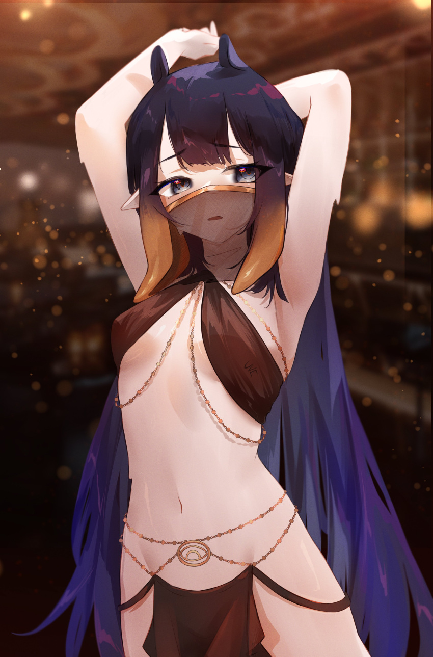 1girl absurdres armpits arms_up belly_dancing blunt_bangs blurry blurry_background body_chain breasts english_commentary gradient_hair grey_eyes harem_outfit highres hololive hololive_english light_particles long_hair mouth_veil multicolored_hair navel ninomae_ina'nis orange_hair parted_lips pelvic_curtain pointy_ears purple_hair revealing_clothes sidelocks small_breasts solo tentacle_hair uve veil very_long_hair virtual_youtuber