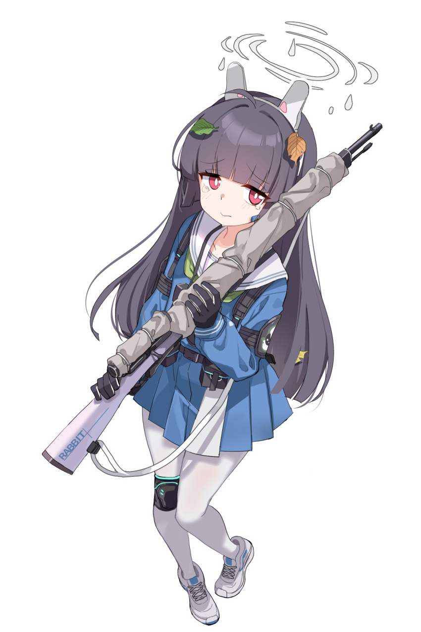 1girl animal_ears black_gloves black_hair blue_archive blue_serafuku blue_skirt blush closed_mouth ddolggol fake_animal_ears full_body gloves grey_halo gun hair_ornament halo highres holding holding_gun holding_weapon leaf_hair_ornament long_hair long_sleeves looking_at_viewer miyu_(blue_archive) pantyhose pleated_skirt rabbit_ears red_eyes sailor_collar school_uniform serafuku shoes simple_background skirt solo tears weapon white_background white_footwear white_pantyhose white_sailor_collar