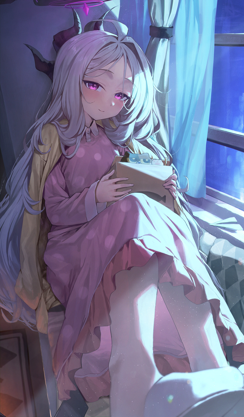 1girl ahoge black_horns blue_archive blush closed_mouth curtains demon_horns grey_hair halo highres hina_(blue_archive) hina_(pajamas)_(blue_archive) holding horns indoors long_hair long_sleeves looking_at_viewer multiple_horns neshia_(tsaqif0309) official_alternate_costume pajamas parted_bangs pink_pajamas polka_dot polka_dot_pajamas purple_eyes slippers smile solo window
