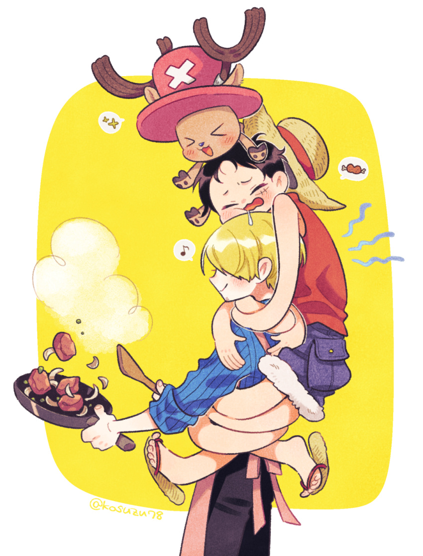 &gt;_&lt; 3boys apron artist_name black_hair blonde_hair blue_shirt blush carrying closed_eyes collared_shirt cooking drooling facial_hair flip-flops food frying_pan full_body fur_trim hat highres holding holding_frying_pan hooves hug long_bangs male_focus meat mitsubachi_koucha monkey_d._luffy multiple_boys musical_note one_piece onion pants piggyback pink_apron pink_headwear pocket red_shirt reindeer sandals sanji_(one_piece) scar scar_on_cheek scar_on_face shirt short_hair sleeveless sleeveless_shirt straw_hat striped_clothes stubble tony_tony_chopper two-tone_background white_background yellow_background