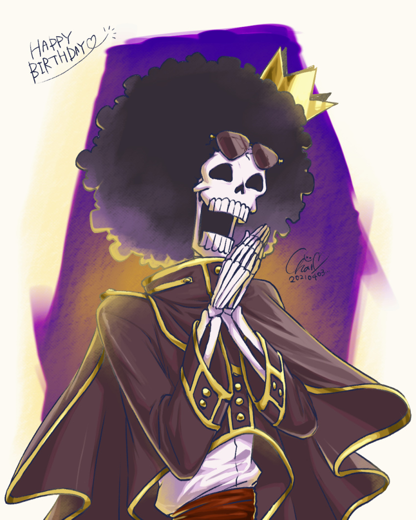 1boy afro black_jacket brook_(one_piece) buttons capelet chaa_(aoichar522_) commentary_request crown dated eyewear_on_head happy_birthday highres jacket male_focus one_piece shirt skeleton smile solo upper_body white_shirt