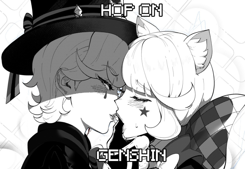 1boy 1girl after_kiss animal_ear_fluff animal_ears blush brother_and_sister cat_ears cat_girl commentary english_commentary english_text facial_mark finger_in_another's_mouth genshin_impact greyscale hat hetero highres incest long_hair looking_at_viewer lynette_(genshin_impact) lyney_(genshin_impact) monochrome nyantcha saliva saliva_trail siblings star_(symbol) star_facial_mark top_hat