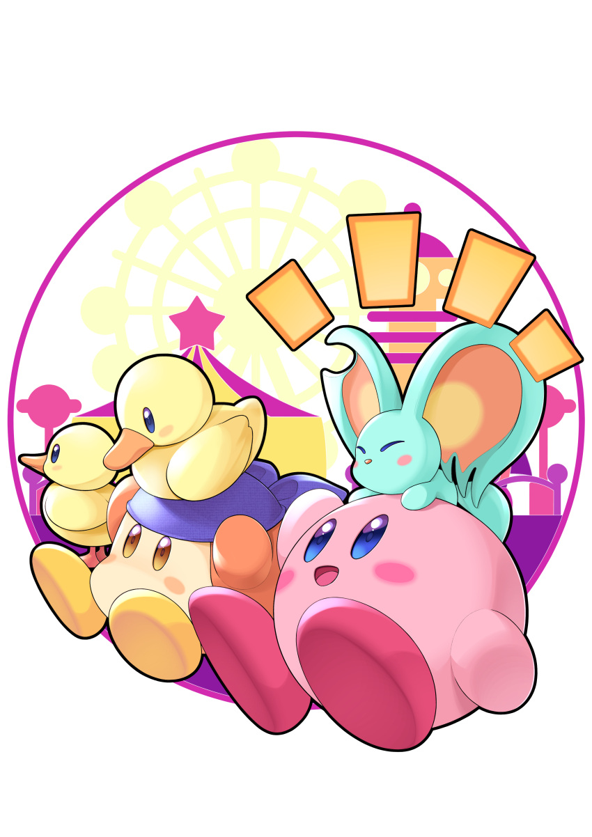 absurdres bandana bandana_waddle_dee bird blue_bandana blush_stickers closed_eyes colored_skin duck duckling elfilin ferris_wheel highres kirby kirby_(series) kirby_and_the_forgotten_land no_humans notched_ear on_head pink_skin solid_oval_eyes ssaaggwwaa star_(symbol) tail