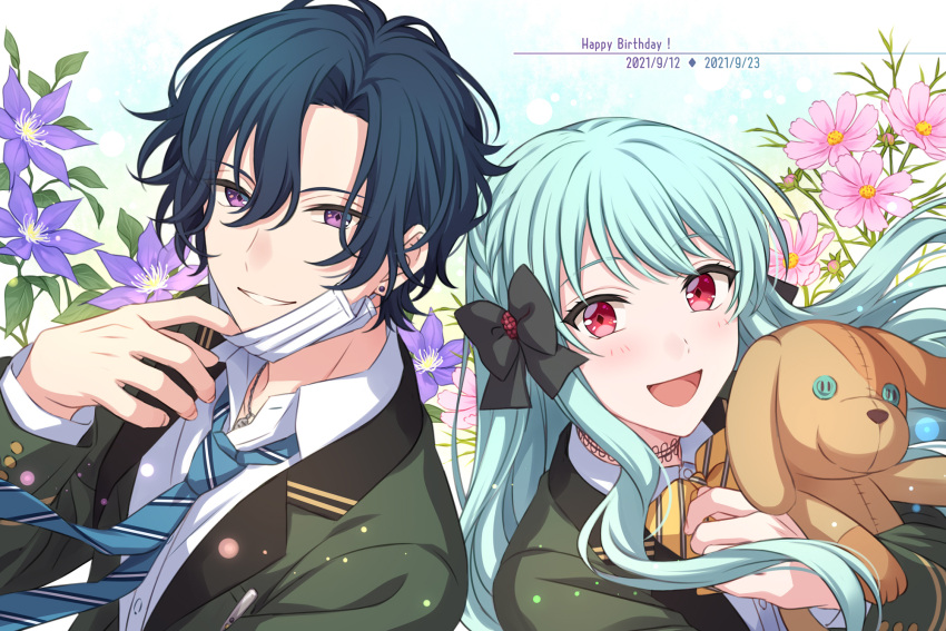 2boys amahashi_yukiya aqua_hair back-to-back black_bow blue_hair blue_necktie blush bow choker collared_shirt dated flower green_jacket grin hair_bow happy_birthday highres holding holding_stuffed_toy jacket jewelry long_hair long_sleeves looking_at_viewer mask mask_pull miwa_tomoe mouth_mask multiple_boys necklace necktie on_air! open_mouth pink_flower purple_eyes purple_flower red_eyes sekina shirt short_hair smile striped_necktie stuffed_animal stuffed_dog stuffed_toy surgical_mask upper_body white_shirt yellow_necktie