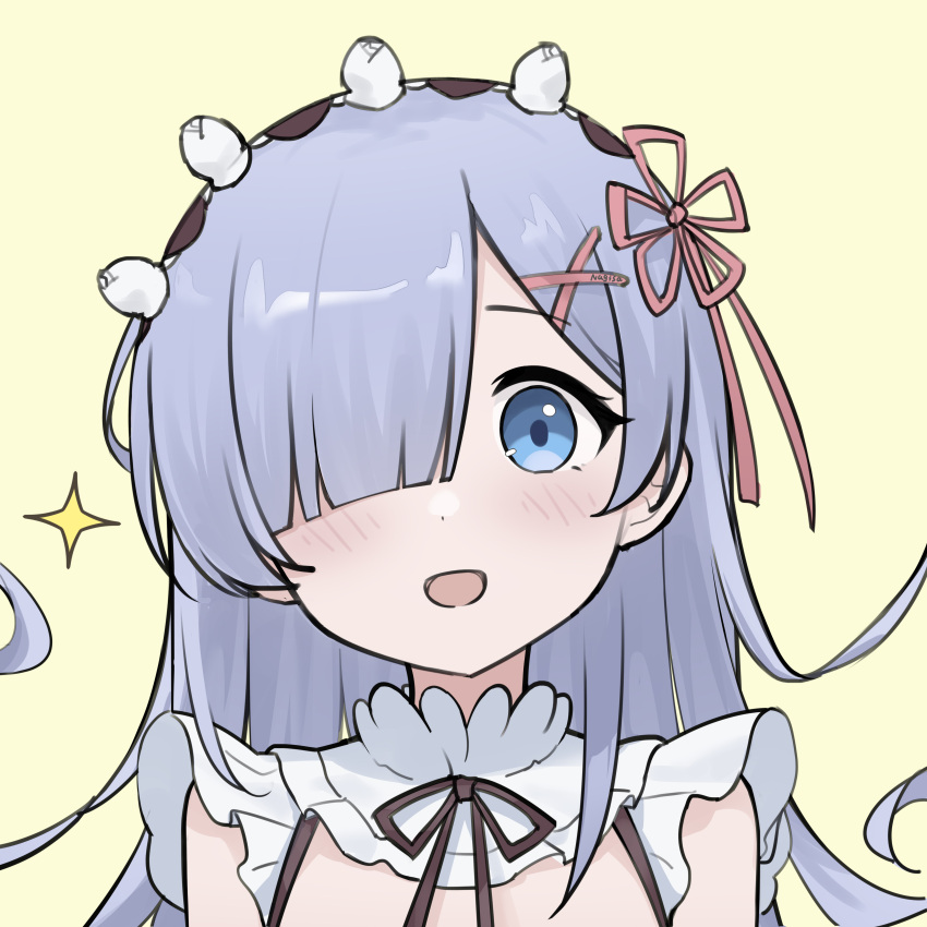 1girl :d absurdres bare_shoulders black_ribbon blue_eyes blue_hair blunt_bangs blush brown_background hair_ornament hair_over_one_eye hair_ribbon highres long_hair maid_headdress nagisa_(cxcx5235) neck_ribbon pink_ribbon portrait re:zero_kara_hajimeru_isekai_seikatsu rem_(re:zero) ribbon simple_background smile solo sparkle x_hair_ornament