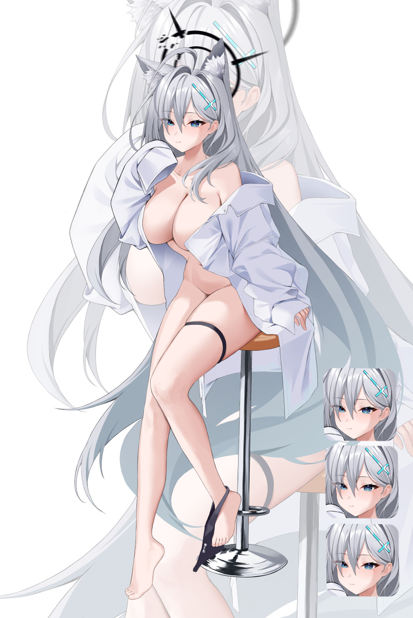 1girl absurdres ahoge animal_ear_fluff animal_ears black_panties blue_archive blue_eyes blush breasts chair cleavage closed_mouth collarbone collared_shirt cross_hair_ornament dark_halo full_body grey_hair hair_ornament halo highres large_breasts long_hair long_sleeves multiple_views nacho_(nacho_1103) open_clothes open_shirt panties panties_around_one_leg shiroko_(blue_archive) shiroko_terror_(blue_archive) shirt simple_background sitting underwear white_background white_shirt wolf_ears zoom_layer