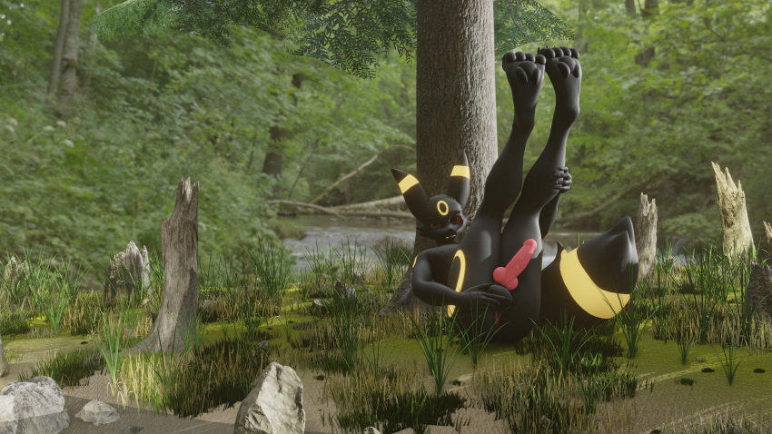 16:9 3d_(artwork) 4k absurd_res anthro balls bedroom_eyes blender_(software) digital_media_(artwork) eeveelution forest forest_background generation_2_pokemon genitals glowing glowing_markings hi_res intersex knot light maleherm markings narrowed_eyes nature nature_background nintendo nude open_mouth outside pawpads paws penis plant pokemon pokemon_(species) presenting presenting_pussy pussy seductive solo sunlight tree umbreon water widescreen zero3_delta zero3delta