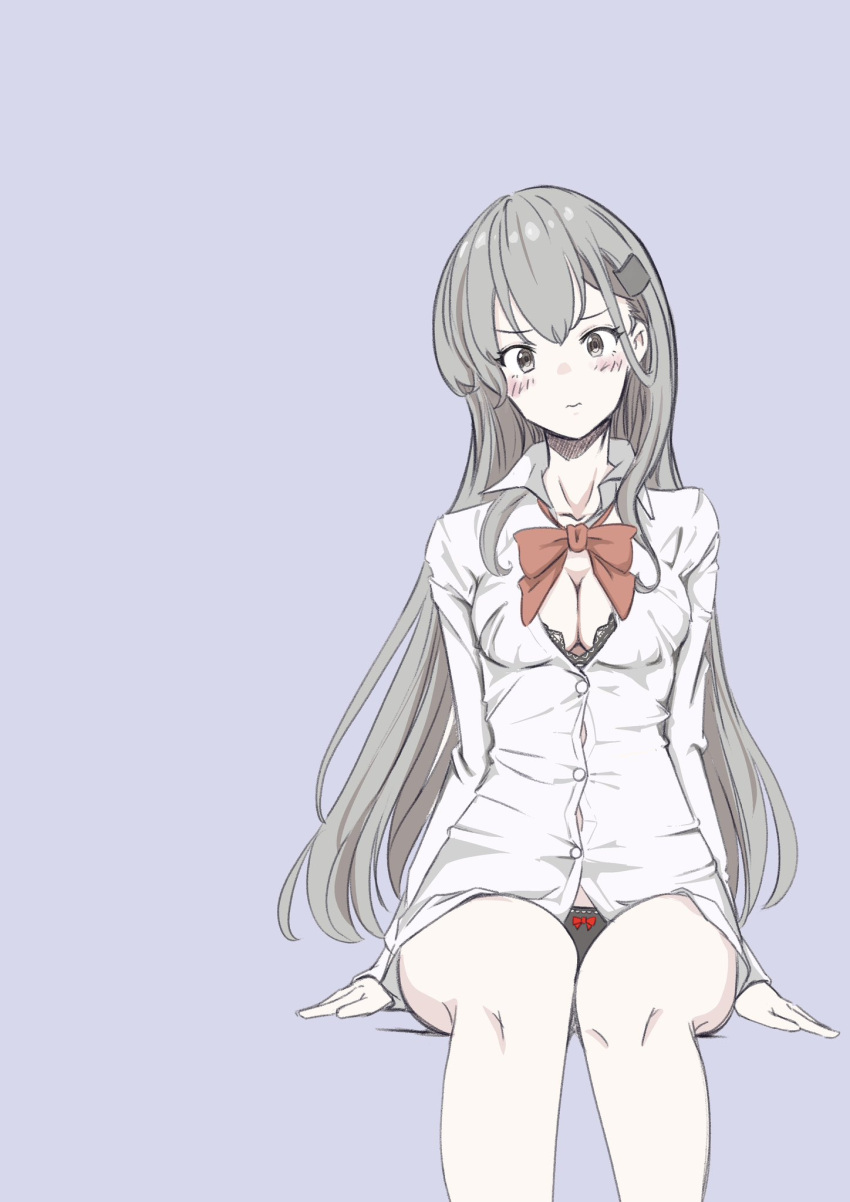 1girl arms_at_sides black_panties blush bow bow_panties bowtie breasts brown_eyes buttons chakoru cleavage closed_mouth collared_shirt grey_hair hair_between_eyes highres invisible_chair kantai_collection long_hair long_sleeves looking_at_viewer medium_breasts panties purple_background red_bow red_bowtie shirt simple_background sitting solo suzuya_(kancolle) underwear very_long_hair white_shirt