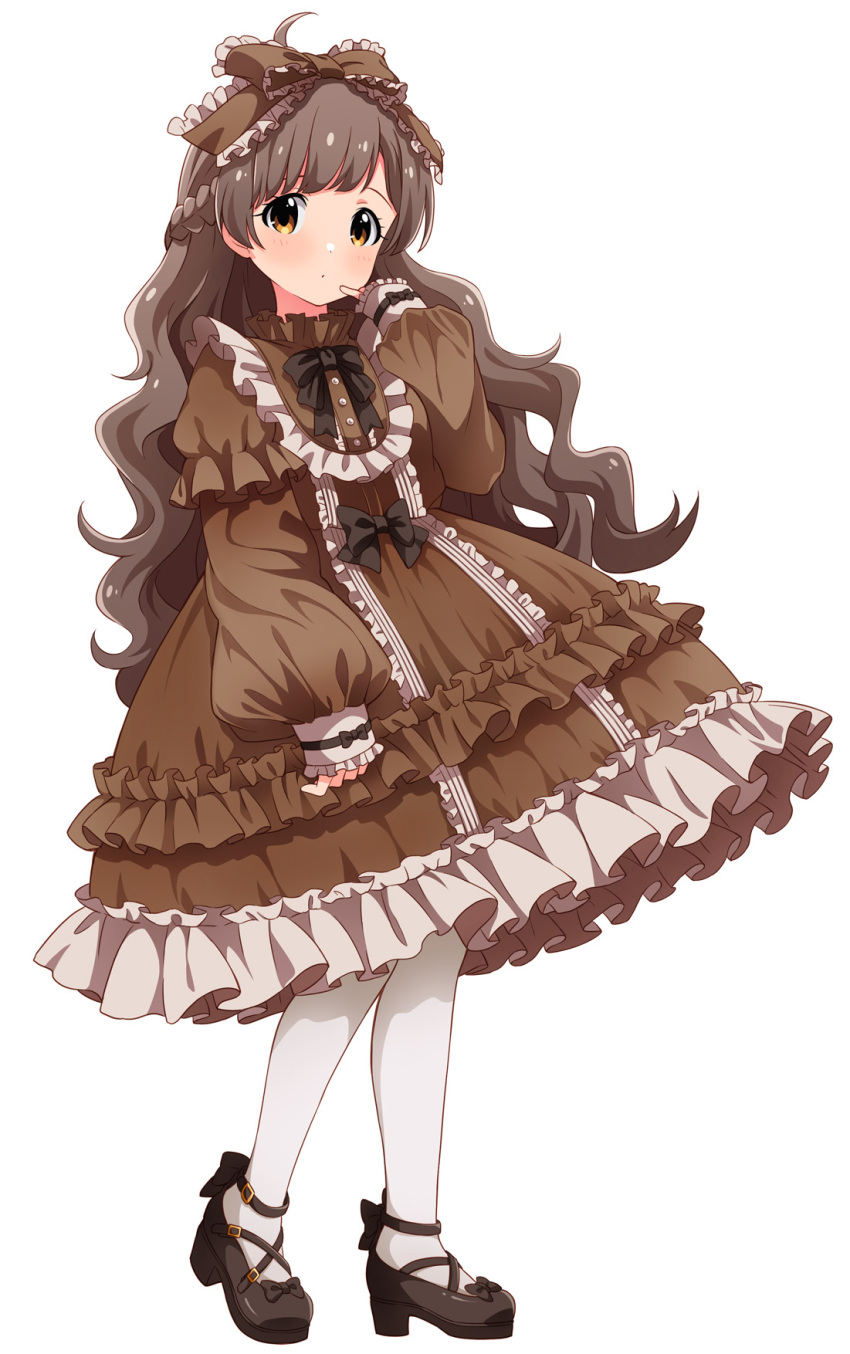 1girl ahoge bangs black_bow boots bow brown_bow brown_dress brown_footwear brown_hair collar dot_mouth dress finger_to_mouth frilled_bow frilled_collar frilled_dress frills goma_konbu hair_bow hair_ornament hakozaki_serika hand_up high_heel_boots high_heels highres idolmaster idolmaster_million_live! long_hair long_sleeves looking_at_viewer necktie orange_eyes platform_footwear platform_heels puffy_sleeves simple_background solo thighhighs wavy_hair white_background white_thighhighs
