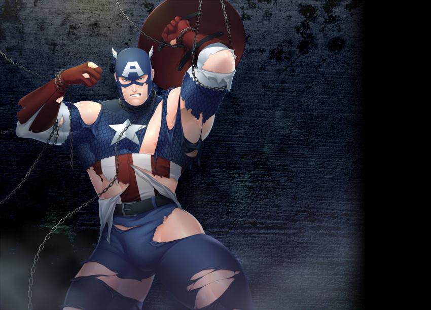 1boy animal_collar bara belt black_belt blue_bodysuit bodysuit bound bound_wrists bulge captain_america captain_america_(series) chain clenched_teeth collar gloves holding holding_shield holding_weapon large_pectorals male_focus marvel mask multicolored_bodysuit multicolored_clothes muscular muscular_male mxsxe pectorals red_bodysuit red_gloves restrained shield solo steve_rogers teeth torn_bodysuit torn_clothes weapon white_bodysuit