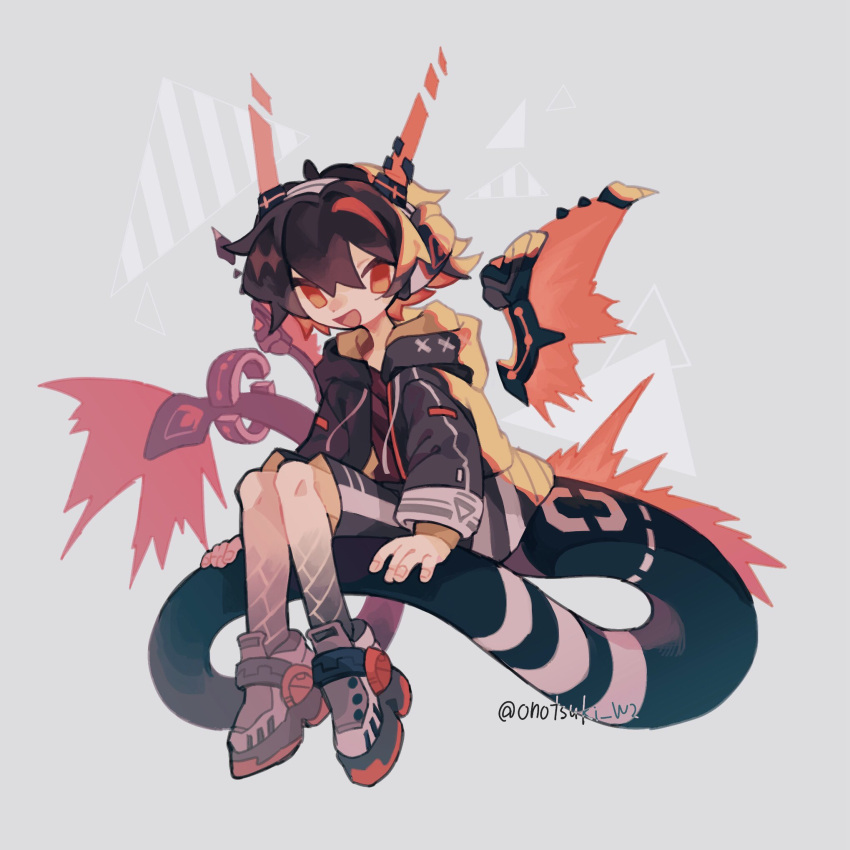 1boy artist_name black_jacket black_shorts brown_hair colored_extremities colored_inner_hair detached_wings dragon_boy dragon_tail dragon_wings fake_horns full_body grey_background grey_footwear hair_between_eyes highres hood hood_down hooded_jacket horned_headwear horns jacket long_sleeves long_tail looking_at_viewer male_focus mechanical_horns mechanical_wings multicolored_hair no_pupils no_sclera onotsuki_w2 open_clothes open_jacket open_mouth orange_eyes orange_hair orange_horns orange_wings original red_hair red_shirt shirt short_hair shorts simple_background sitting solo streaked_hair tail twitter_username wings