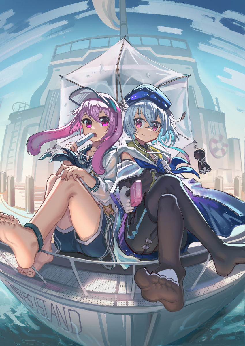 2boys absurdres animal_ears ansel_(arknights) ansel_(casual_vacation)_(arknights) arknights bangs beret black_leggings black_pantyhose blue_hair blue_shorts blue_sky boat closed_mouth crossed_legs food full_body gloves hat highres holding holding_food holding_umbrella jacket leggings long_sleeves looking_at_viewer mizuki_(arknights) multiple_boys no_shoes open_mouth otoko_no_ko outdoors pantyhose pink_eyes pink_hair popsicle rabbit_boy rabbit_ears sailor_collar see-through short_hair shorts sitting sky smile soles summer toes umbrella visor water watercraft whinghope white_gloves white_jacket