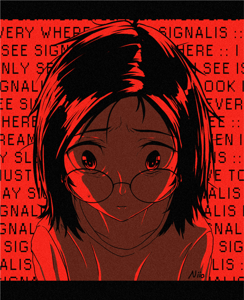 1girl animification artist_name artist_self-insert closed_mouth collarbone commentary english_text film_grain glasses highres looking_at_viewer medium_hair monochrome niio_(niiochi) niio_(niiochi)_(person) original red_theme shirt signalis solo sweatdrop symbol-only_commentary upper_body wide-eyed