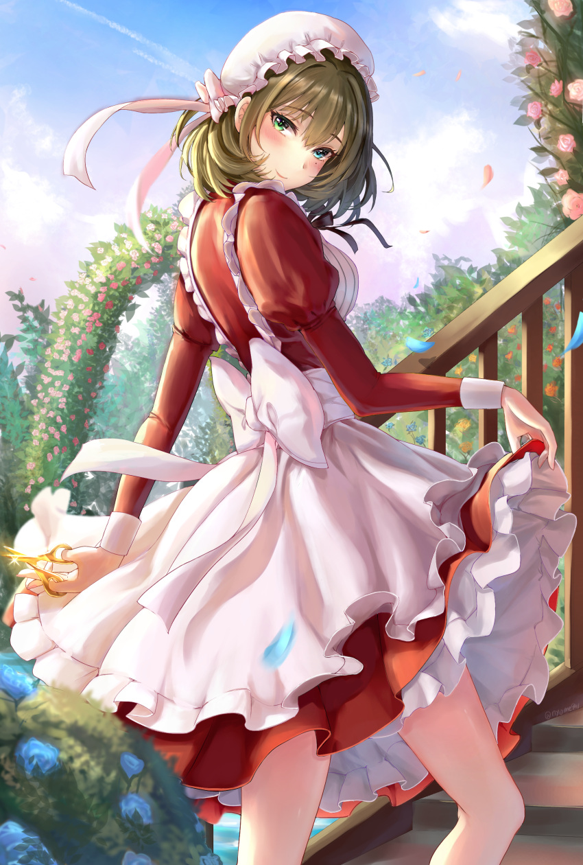 1girl absurdres apron bangs blue_eyes blue_flower blue_sky blush breasts bush clothes_lift cloud dress eyebrows_behind_hair flower green_eyes green_hair hair_between_eyes heterochromia highres idolmaster idolmaster_cinderella_girls lifted_by_self long_hair long_sleeves looking_at_viewer looking_back maid maid_apron medium_breasts mole mole_under_eye nyome991 outdoors pink_flower pink_rose railing red_dress rose scissors short_hair sidelocks skirt skirt_lift sky smile solo stairs sunset takagaki_kaede white_apron white_headwear