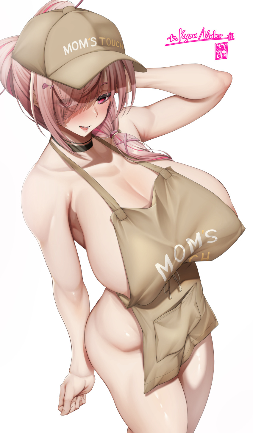 1girl absurdres akisuko apron areola_slip arm_behind_back arm_up artist_name bare_arms bare_shoulders baseball_cap black_choker blush breasts brown_apron brown_headwear choker cleavage collarbone commentary commentary_request covered_nipples diagonal_bangs eyes_visible_through_hair fang fingernails from_above hair_ornament hair_over_one_eye hair_over_shoulder hairclip hand_in_own_hair hat highres huge_breasts long_hair looking_at_viewer mole mole_under_eye mole_under_mouth multicolored_hair naked_apron original parted_lips pink_eyes pink_hair pocket ponytail simple_background smile solo standing streaked_hair white_background