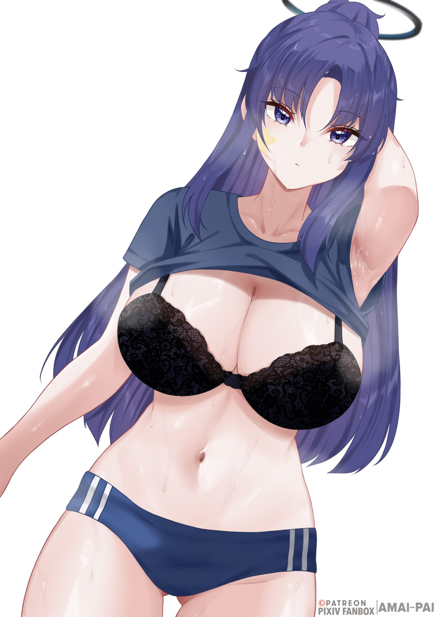 1girl absurdres amai-pai armpits artist_name black_bra blue_archive blue_buruma bra breasts buruma cleavage clothes_lift collarbone dutch_angle facepaint fanbox_username halo highres huge_breasts long_hair looking_at_viewer navel official_alternate_costume patreon_username presenting_armpit purple_eyes purple_hair shirt_lift simple_background solo star_(symbol) steaming_body stomach sweat underwear very_long_hair white_background yuuka_(blue_archive) yuuka_(track)_(blue_archive)