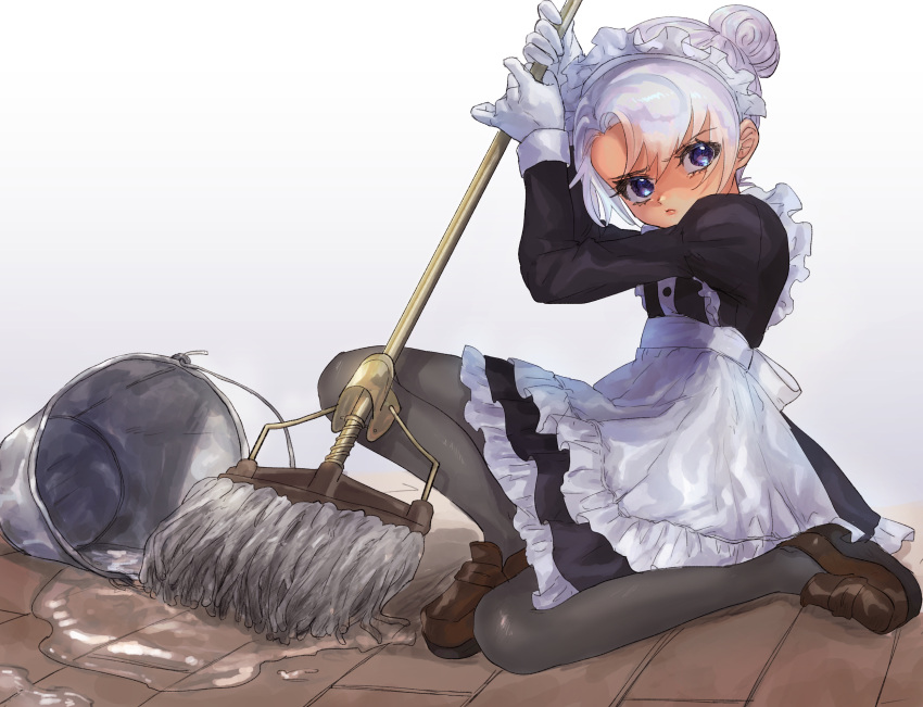 1girl apron black_pantyhose brown_footwear bucket gloves highres holding holding_mop looking_at_viewer maid maid_apron mop mutsuba_asaka on_floor pantyhose purple_eyes water white_gloves white_hair yu-gi-oh! yu-gi-oh!_go_rush!! yuzutaroman