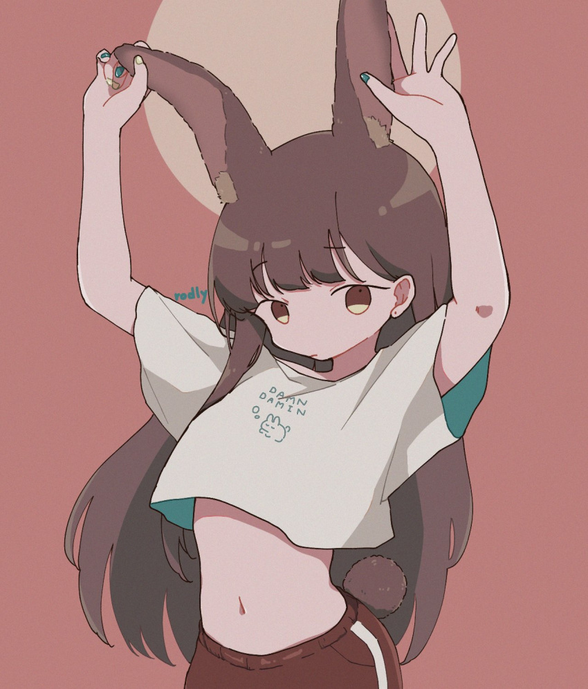1girl animal_ears arms_up brown_eyes brown_hair circle closed_mouth commentary crop_top crop_top_overhang cropped_shirt earrings extra_ears hands_on_animal_ears highres jewelry long_hair looking_at_viewer midriff multicolored_nails nail_polish original print_shirt rabbit_ears rabbit_girl rabbit_tail red_background rororodly shirt solo t-shirt tail two-sided_fabric upper_body very_long_hair white_shirt