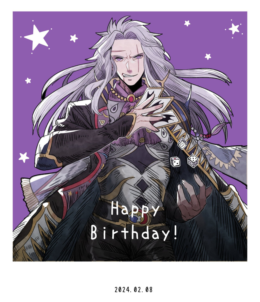 1boy armor card coat dice final_fantasy final_fantasy_vi grey_hair grin happy_birthday highres holding holding_card jewelry long_hair male_focus necklace nnnmmg0725 open_clothes open_coat patterned_clothing purple_background purple_eyes scar scar_across_eye scar_on_face scarf setzer_gabbiani smile star_(symbol)