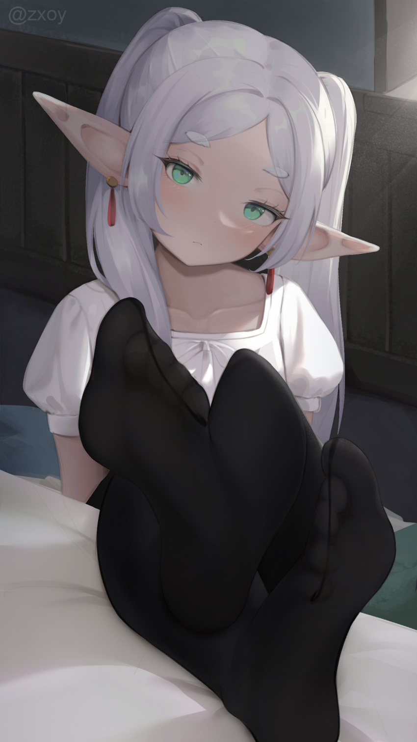 1girl absurdres black_pantyhose blush commentary drop_earrings earrings feet foot_focus frieren green_eyes highres indoors jewelry long_hair looking_at_viewer nightgown pantyhose parted_bangs pointy_ears short_sleeves soles solo sousou_no_frieren toe_seam twintails white_hair white_nightgown zxoy
