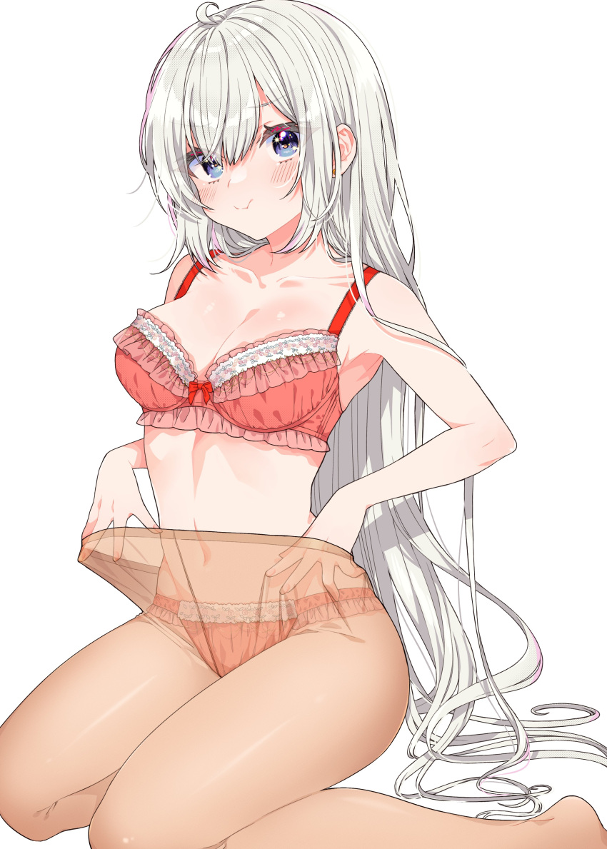 1girl absurdres adjusting_clothes adjusting_legwear ahoge blue_eyes blush bow bow_bra bowtie bra breasts center-flap_bangs commentary_request frilled_bra frilled_panties frills hair_between_eyes highres lace lace-trimmed_bra lace_trim light_blush lingerie long_hair orange_pantyhose original panties pantyhose pout red_bow red_bowtie red_bra red_panties see-through see-through_legwear simple_background solo underwear underwear_only very_long_hair white_hair yamada_sakura