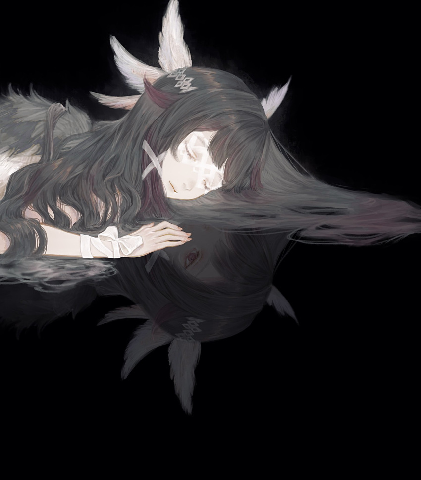 1girl black_hair bow closed_eyes columbina_(genshin_impact) different_reflection eye_mask facing_to_the_side facing_viewer from_side fur_trim genshin_impact hair_flowing_over hair_ribbon hashtag_only_commentary highres long_hair lying multicolored_hair on_stomach purple_hair red_eyes reflection reflective_floor ribbon shirone_(coxo_ii) simple_background solo streaked_hair tress_ribbon two-tone_hair white_bow wing_hair_ornament wrist_bow wrist_ribbon