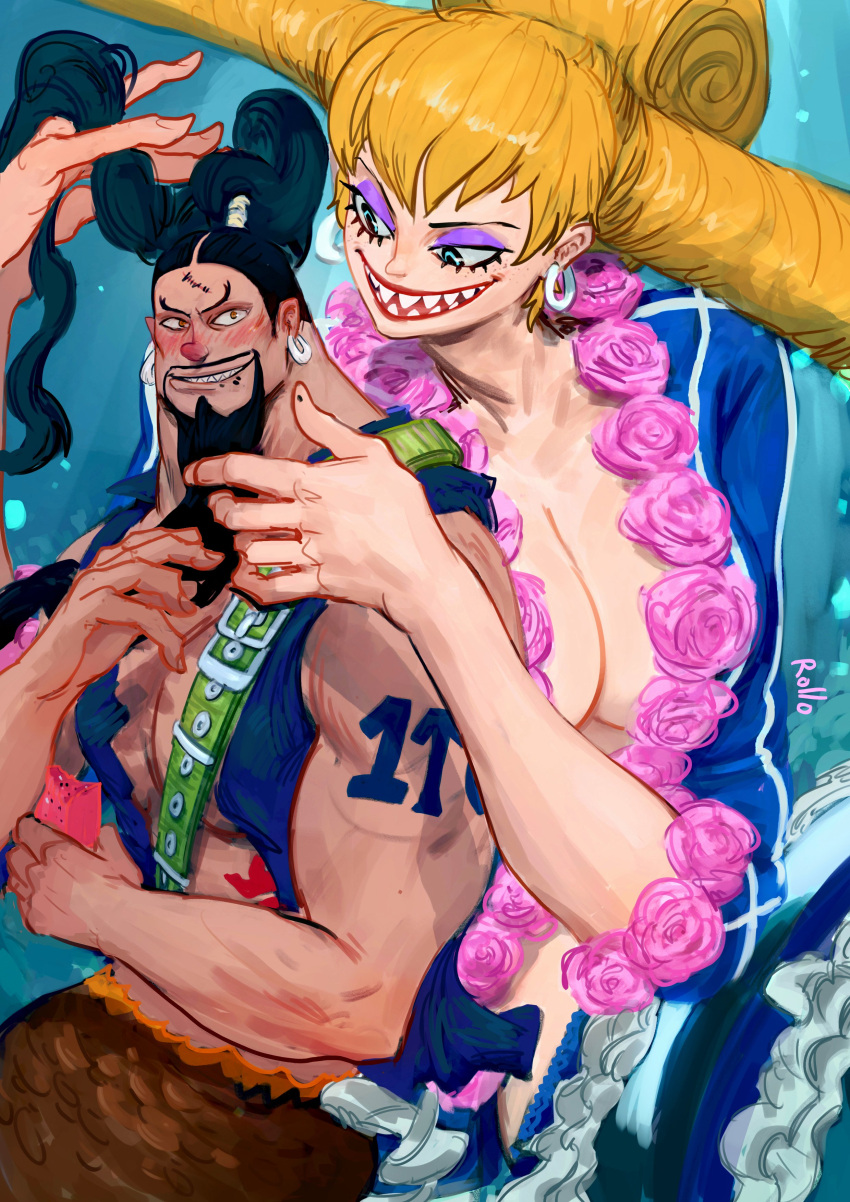 1boy 1girl absurdres aladdin_(one_piece) arm_tattoo beard biceps black_hair blonde_hair blue_vest blush breasts charlotte_praline cleavage earrings eyeshadow facial_hair flower green_eyes hairstyle_request highres hoop_earrings huge_breasts husband_and_wife jewelry large_breasts long_hair looking_at_another makeup muscular muscular_male one_piece open_clothes open_mouth open_vest pink_flower pink_rose purple_eyeshadow rollo_(kuyuen1) rose sharp_teeth tattoo teeth underwater upper_body vest