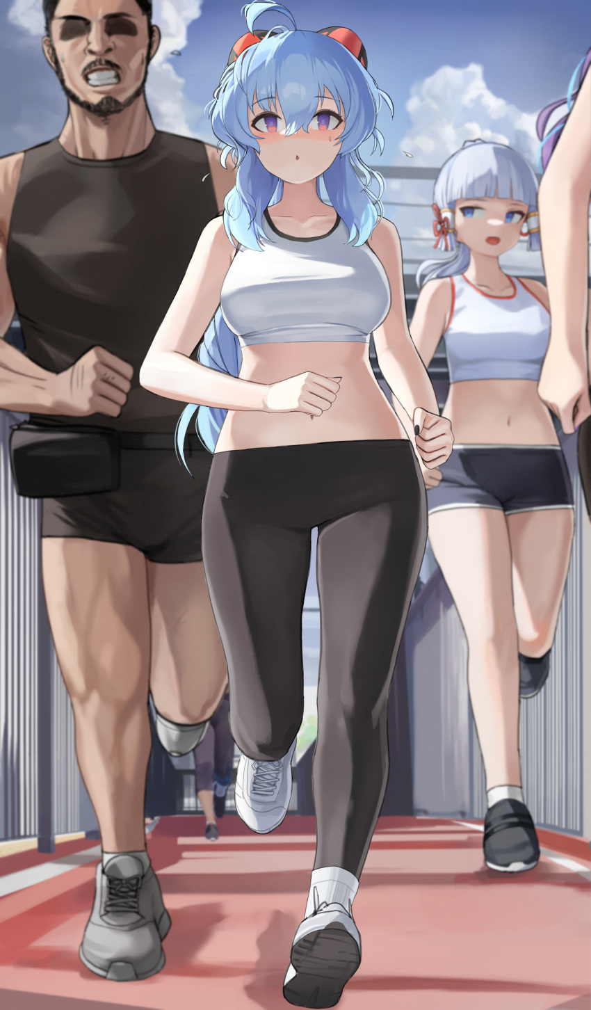 1boy 1other 2girls absurdres alternate_costume black_footwear black_nails black_pants black_tank_top blue_hair blue_sky blunt_bangs breasts cloud dolri full_body ganyu_(genshin_impact) genshin_impact grey_footwear grey_hair highres jogging kamisato_ayaka looking_at_another medium_breasts multiple_girls navel pants shirt short_shorts shorts sidelocks sky sleeveless sleeveless_shirt sports_bra stomach tank_top white_footwear white_sports_bra yoga_pants