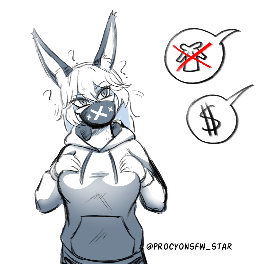 absurd_res anthro big_breasts breasts clothing eyelashes face_mask female grey_eyes hair hi_res hoodie lagomorph leporid long_hair mammal procyon_star question_mark rabbit simple_background solo speech_bubble topwear white_background