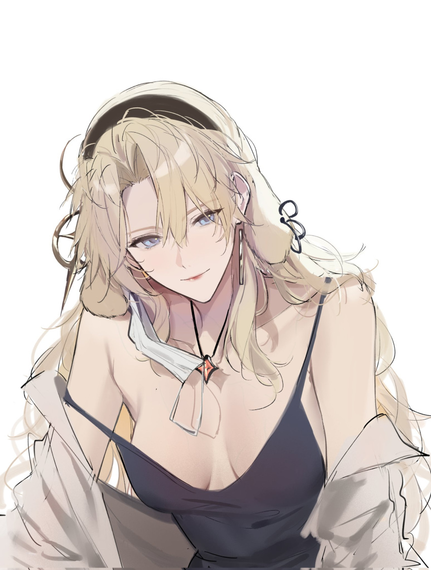 1girl arknights bare_shoulders black_dress black_hairband blonde_hair blue_eyes breasts breasts_apart closed_mouth dress hairband highres jewelry joshua_(shisanli934) kristen_(arknights) large_breasts lipstick long_hair looking_at_viewer makeup off_shoulder open_clothes open_shirt parted_bangs pendant red_lips shirt simple_background sleeveless sleeveless_dress smile solo straight_hair upper_body white_background white_shirt