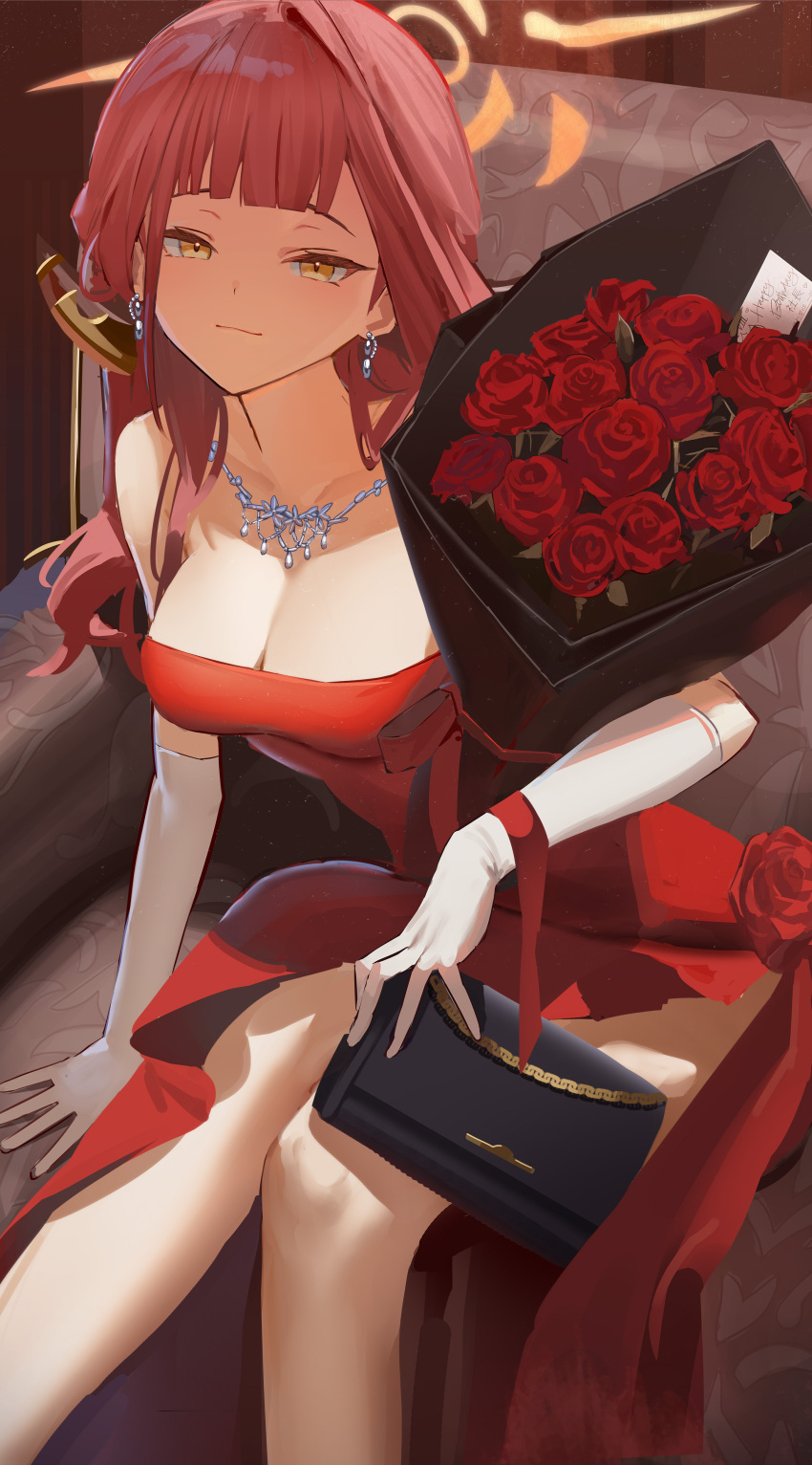 1girl absurdres aru_(blue_archive) aru_(dress)_(blue_archive) bag blue_archive bouquet breasts brown_horns cleavage closed_mouth demon_horns dress earrings feet_out_of_frame flower gloves halo highres horns jewelry large_breasts long_hair looking_at_viewer necklace official_alternate_costume pink_hair red_dress red_flower smile solo susukawa_(susucawa) white_gloves yellow_eyes yellow_halo