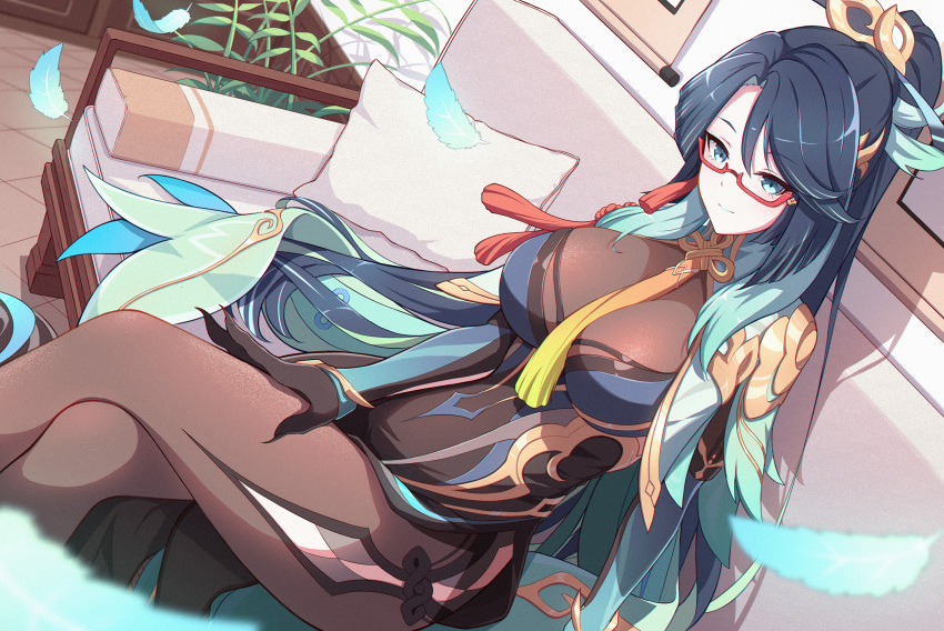 1girl absurdres aqua_lips black_bodysuit black_dress black_gloves black_hair blue_eyes blue_feathers blue_hair bodystocking bodysuit breasts colored_inner_hair couch crossed_legs dress earrings feathers fingernails genshin_impact glass gloves hand_on_own_leg highres huge_breasts jewelry light_smile looking_at_viewer multicolored_hair on_couch phantom_racher pillow red-framed_eyewear semi-rimless_eyewear sharp_fingernails sitting solo tassel tassel_earrings two-tone_hair under-rim_eyewear xianyun_(genshin_impact)